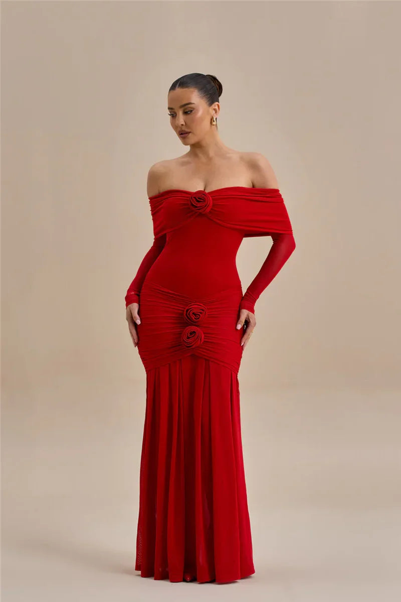 Off-shoulder maxi dress with ruching and floral appliqué decoration - Angelica