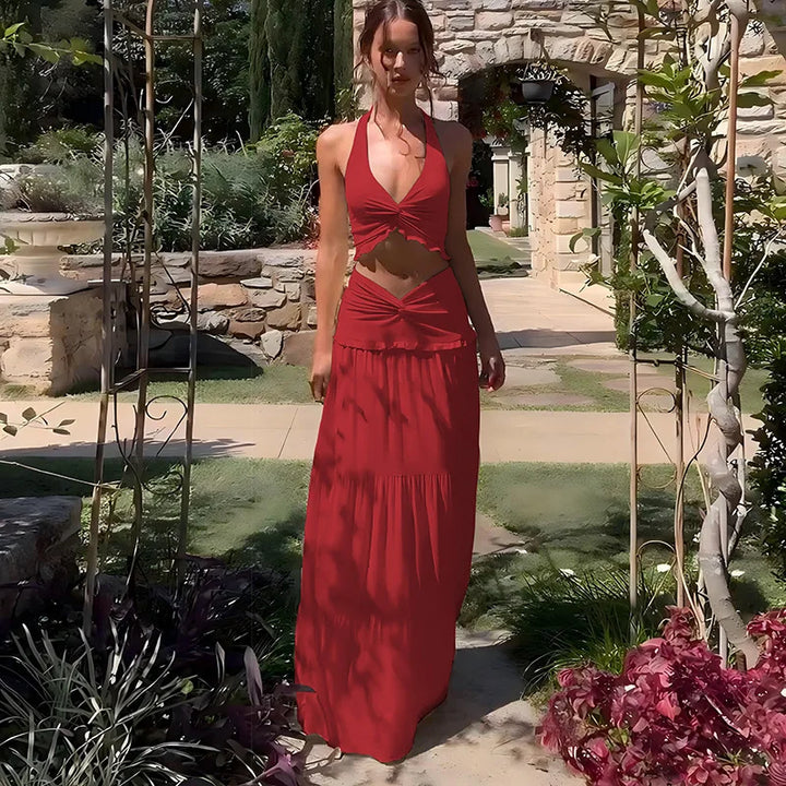 Two-piece set maxi skirt and neck tie top - Lorenza