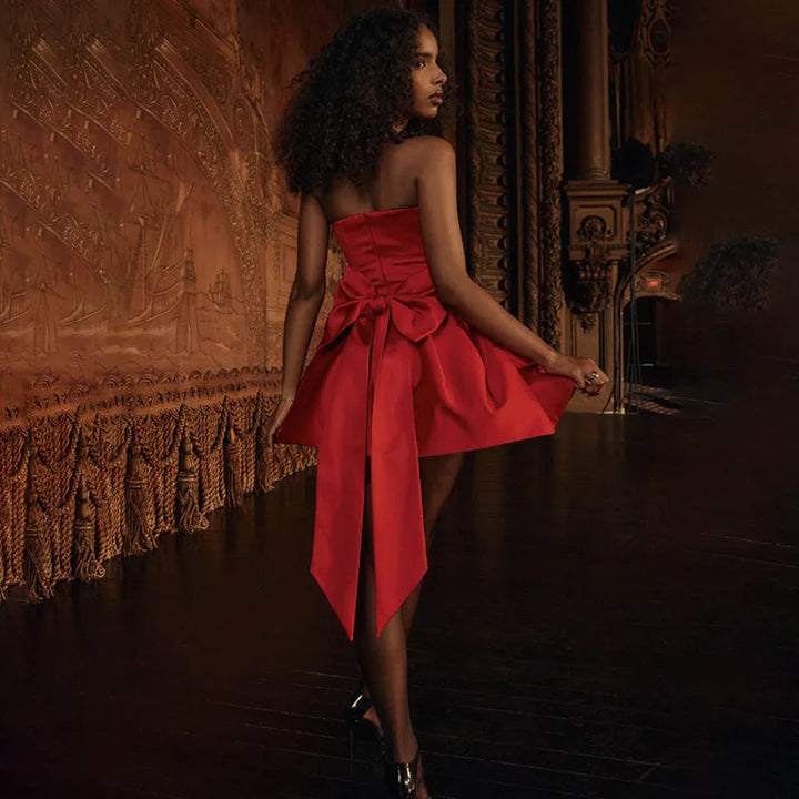 Strapless satin mini dress in A-line cut with back bow detail - Taisia