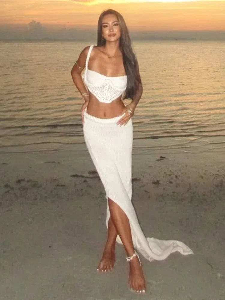 Two-piece crocheted beach set, top and maxi skirt - Aqua