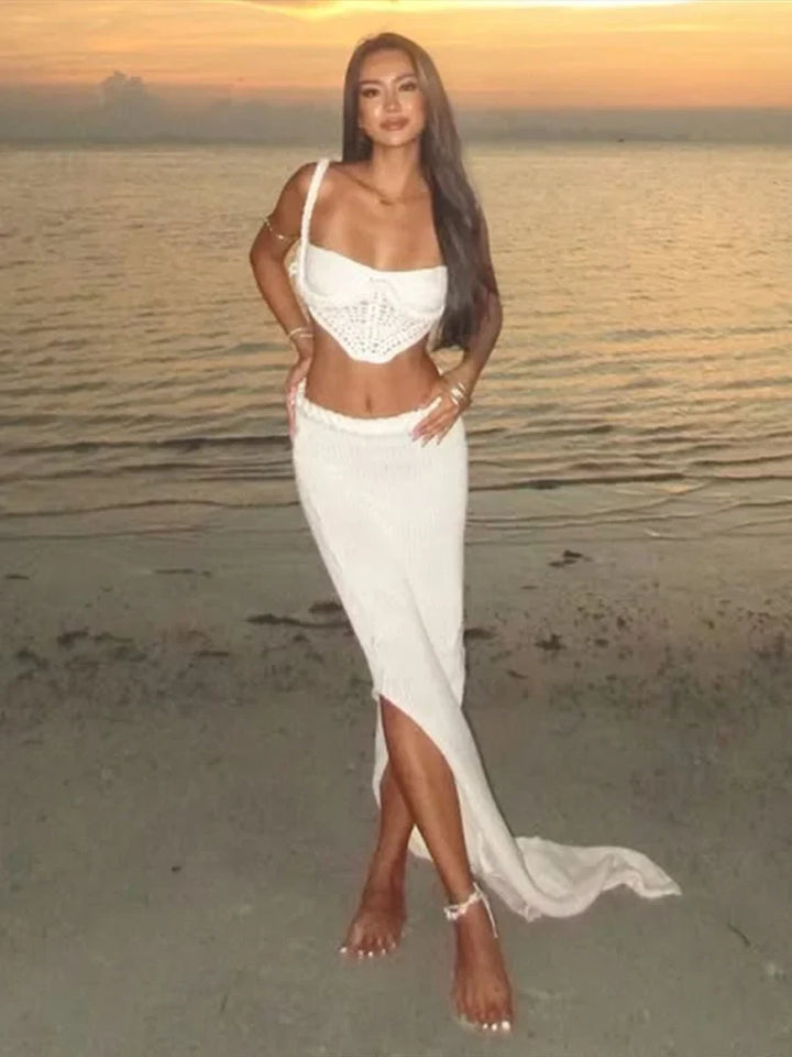 Two-piece crocheted beach set, top and maxi skirt - Aqua