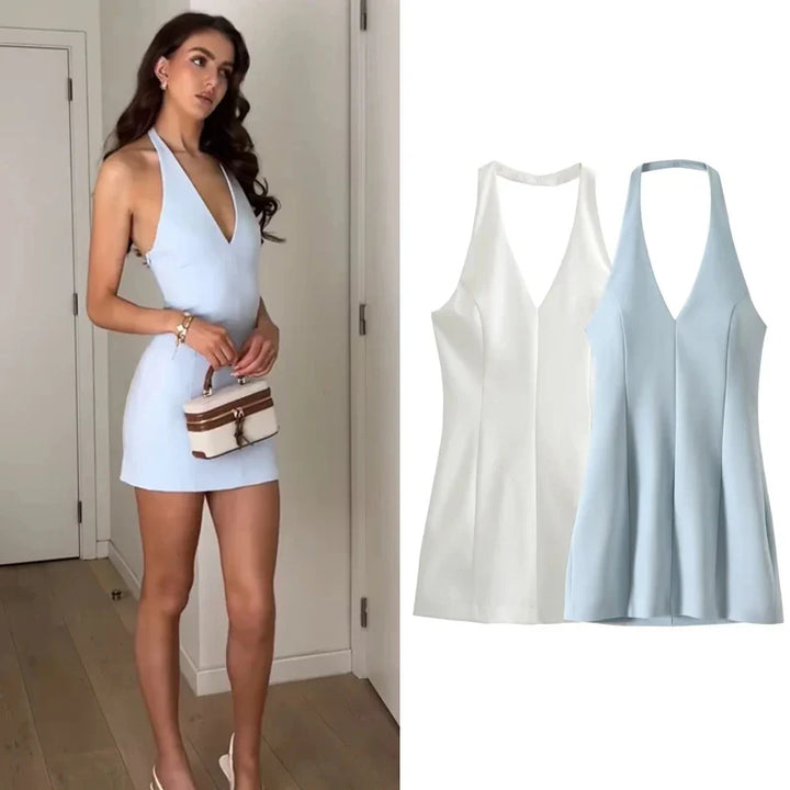 Fitted mini dress with V collar neckline - Vanilla