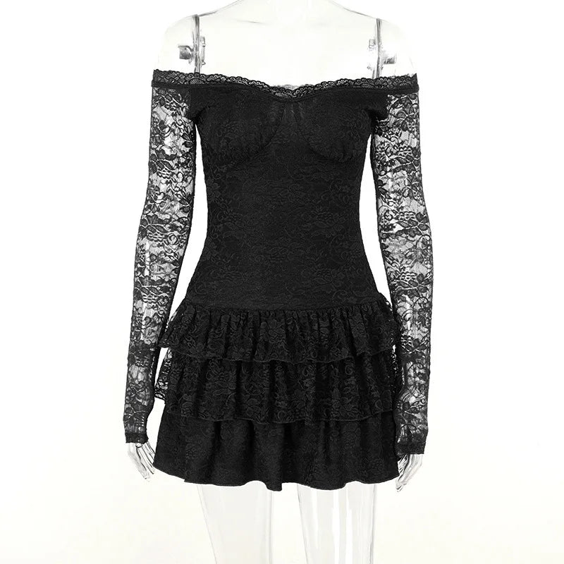 Lace Mini Dress with Ruffle and Off-Shoulder - Shay