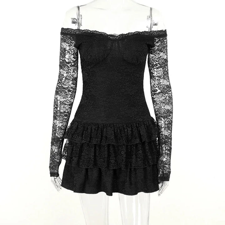 Lace Mini Dress with Ruffle and Off-Shoulder - Shay