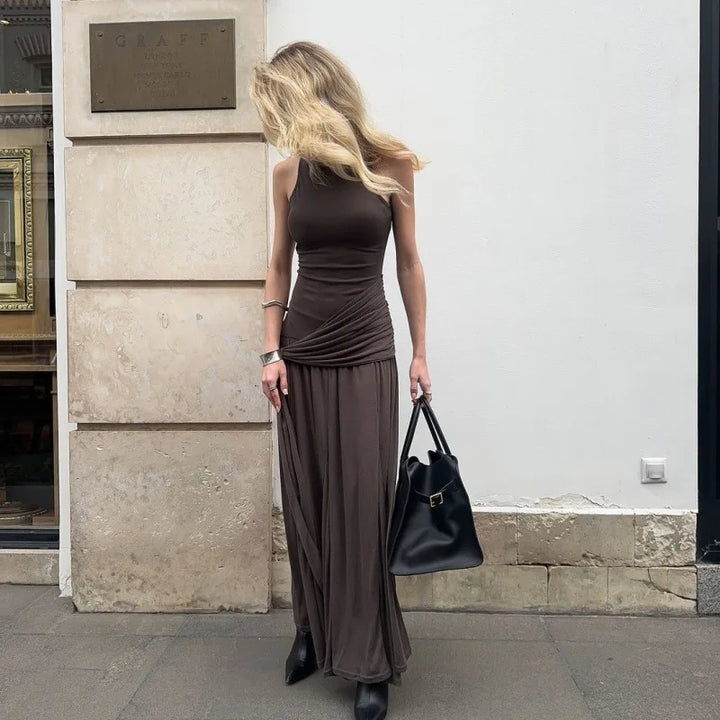 Maxi dress with pleats and tie boho chic design - Dalila