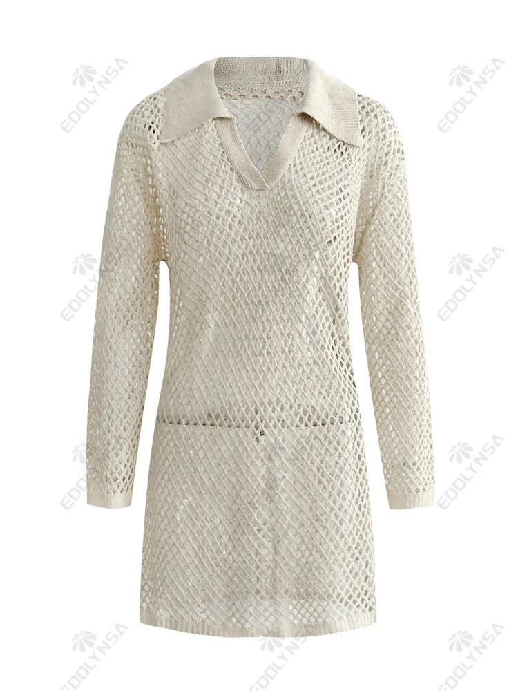 Mesh Mini Beach Dress with Polo Collar Design - Indie