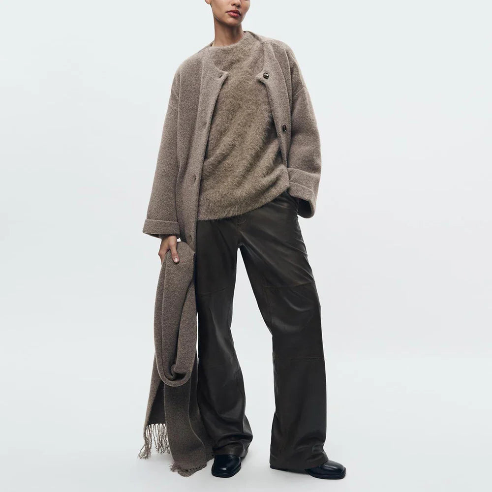 Wool Coat with Scarf Design, Button and Pocket Details - Lorenzo