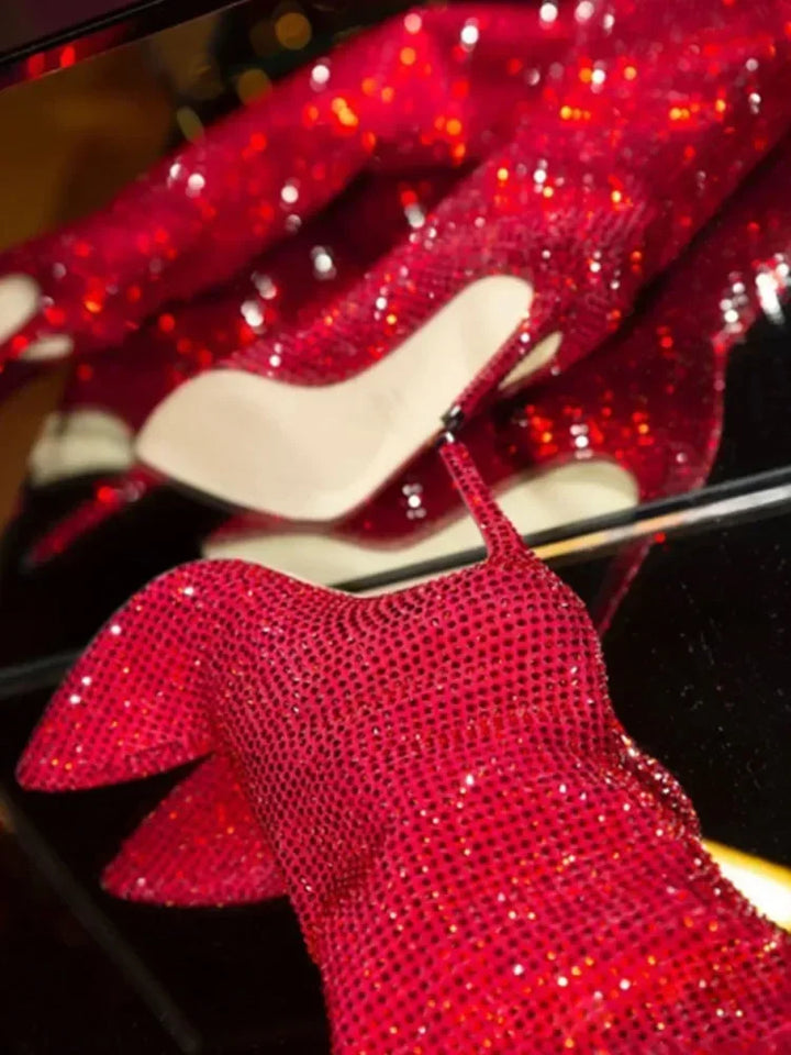 High Pointed Heel Boots with Sparkling Rhinestone Design - Josie