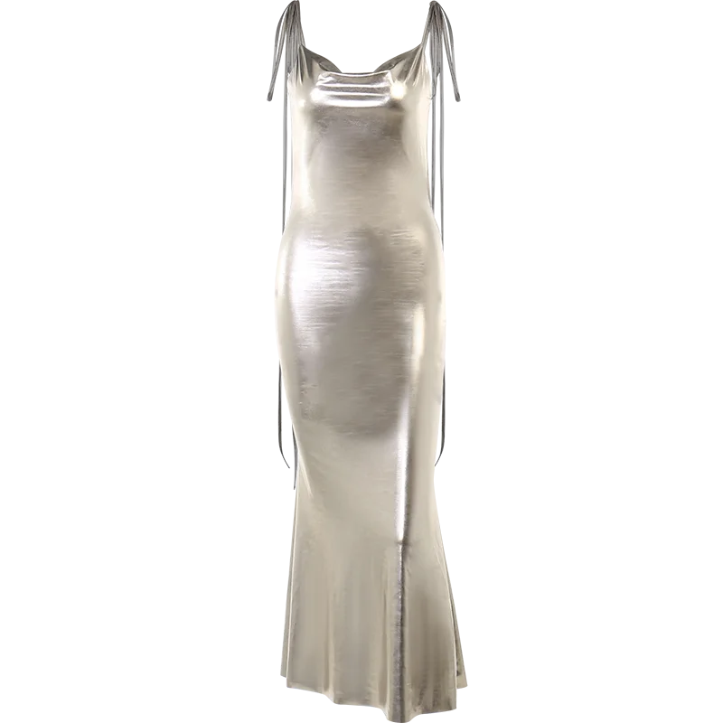 Metallic bronze maxi dress with tie shoulder straps and open back - Nancy