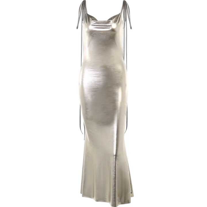 Metallic bronze maxi dress with tie shoulder straps and open back - Nancy