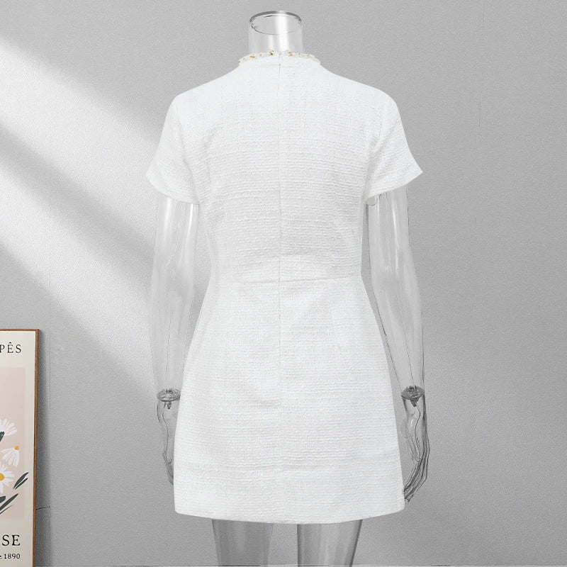 Elegant Mini Dress with Short/Long Sleeves, Tailored Style, Woven Fabric with Sequin and Pearl Embellishment - Lucia