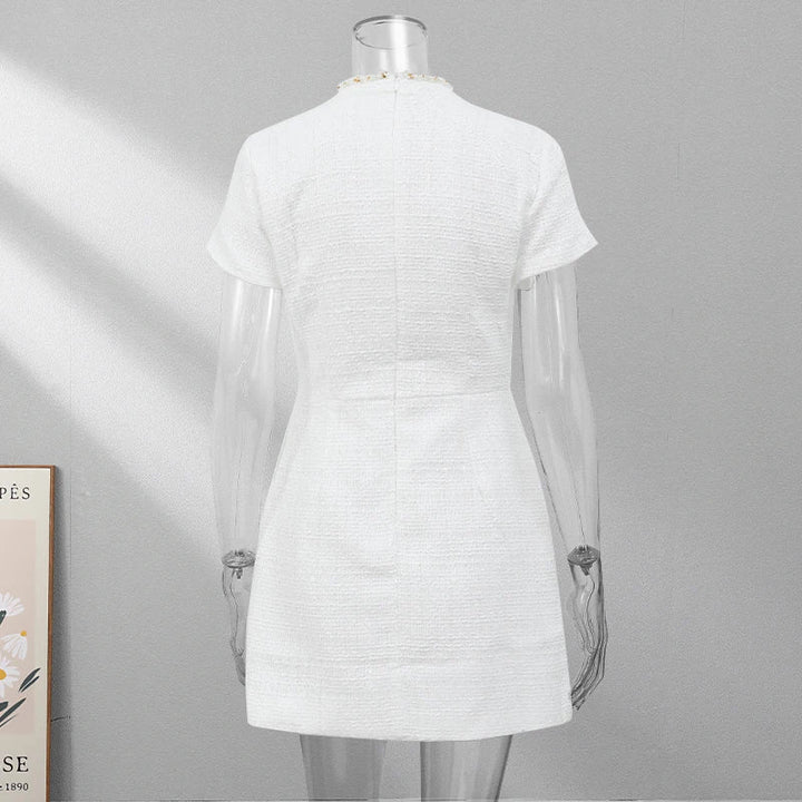 Elegant Mini Dress with Short/Long Sleeves, Tailored Style, Woven Fabric with Sequin and Pearl Embellishment - Lucia