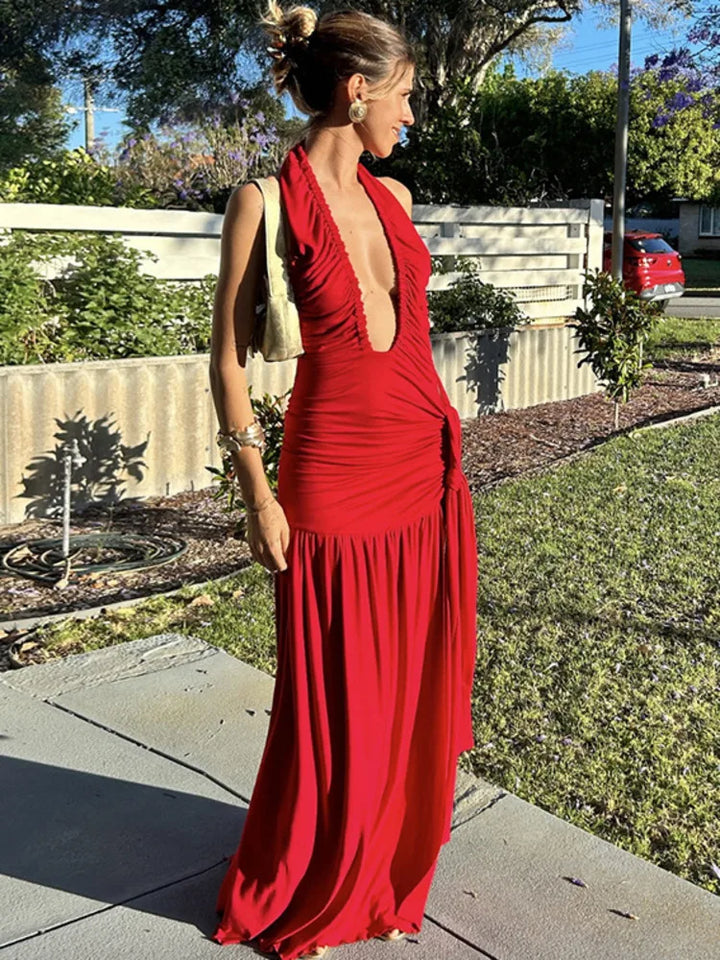 Ruched Maxi Dress with Tie Decoration, Open Back, and Deep V Neckline - Peleg