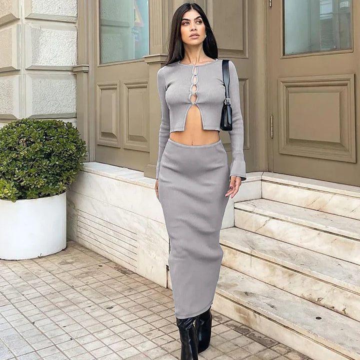 Knitted two-piece set: button-up shirt and fitted maxi skirt - MARIEL