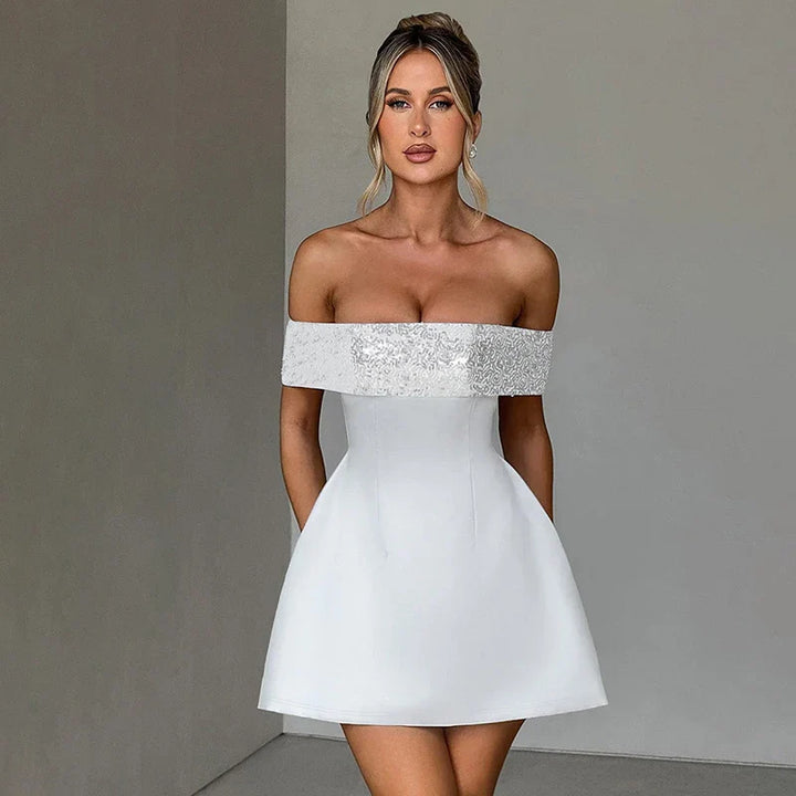 A-Line Mini Dress with Off-Shoulder Sequin Decoration - Lorian