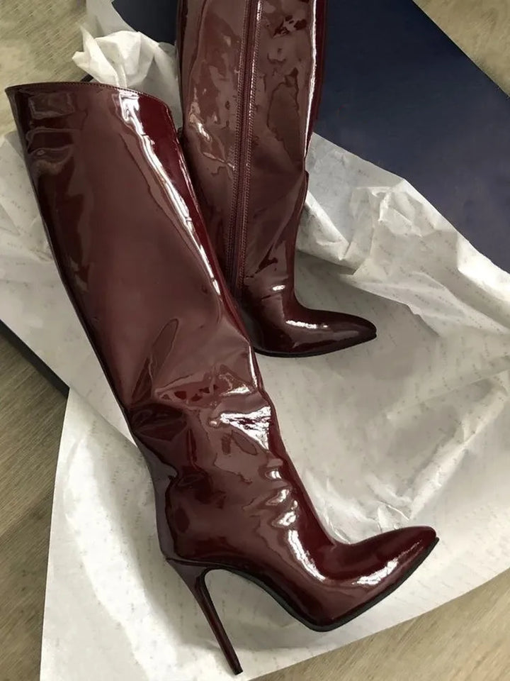 High Pointed Toe Heel Boots with Glossy Leather Design - Sloane