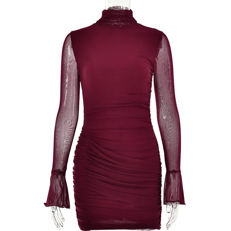 Mini pleated dress with turtleneck and chiffon bell sleeves - NARA