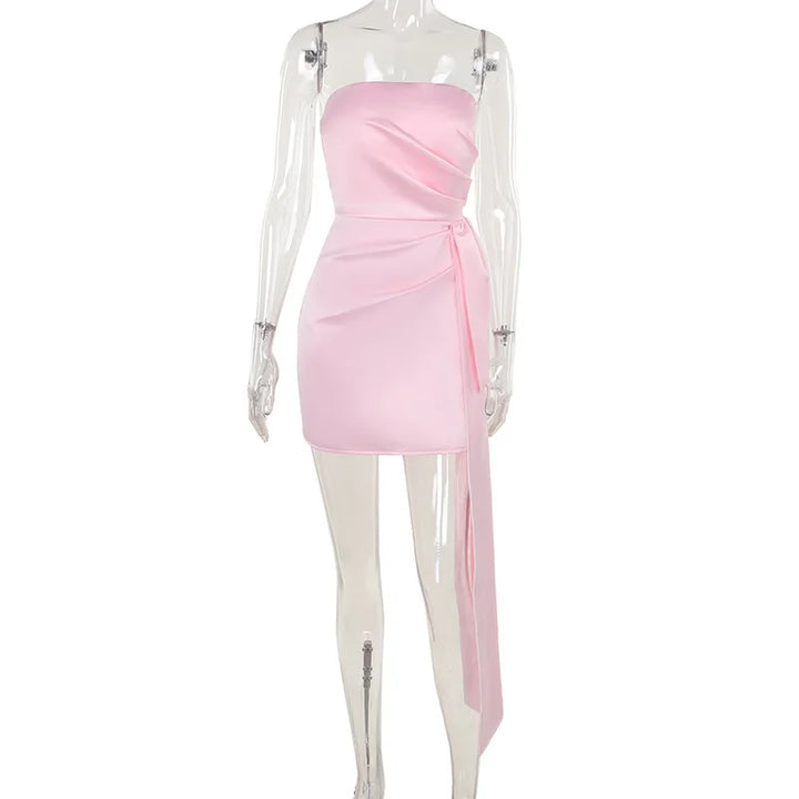 Strapless Satin Mini Dress with Train Detail - Maggie