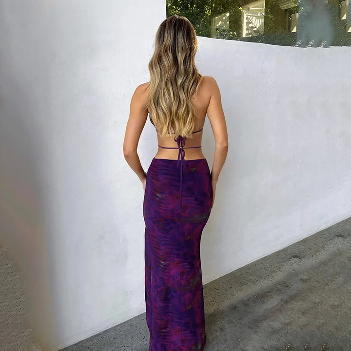 Summer mesh maxi dress with neck tie and hoop buckle details - Amaya