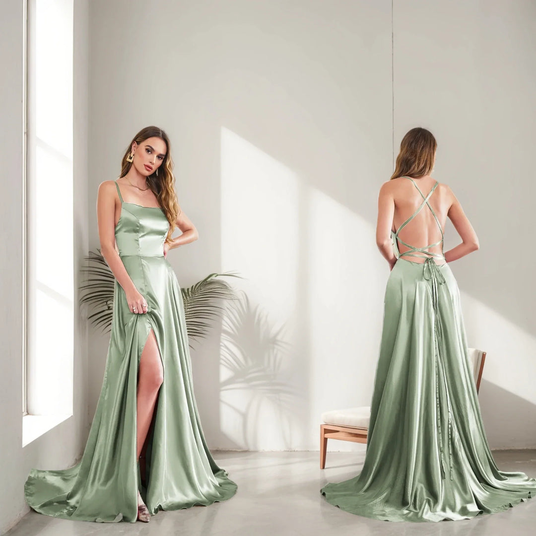 Elegant Maxi Satin Dress with Slit, A-Line Design, Back Tie - Prince