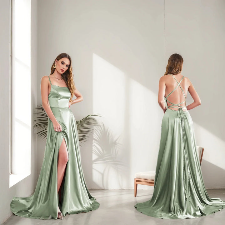 Elegant Maxi Satin Dress with Slit, A-Line Design, Back Tie - Prince