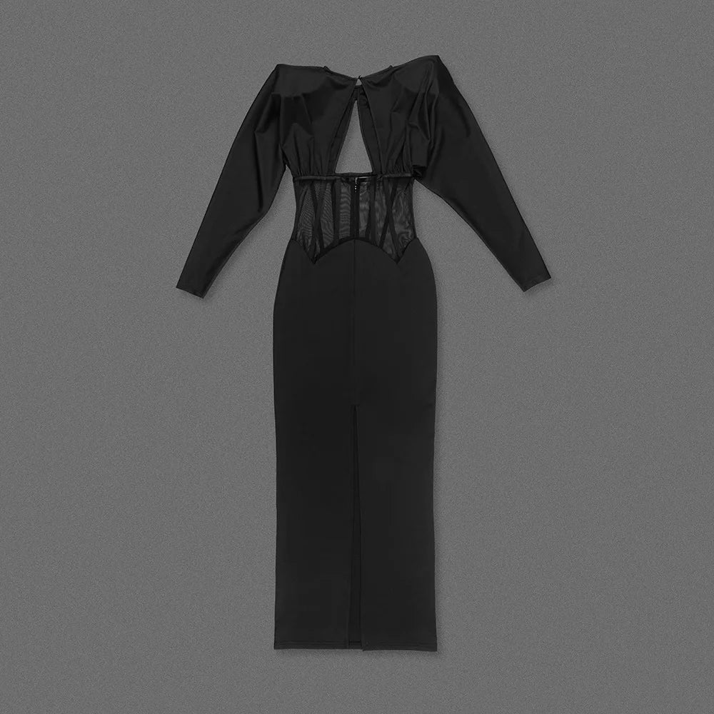 Maxi Dress with Mesh Corset Design and Diamond Buckle Decoration - AMOR