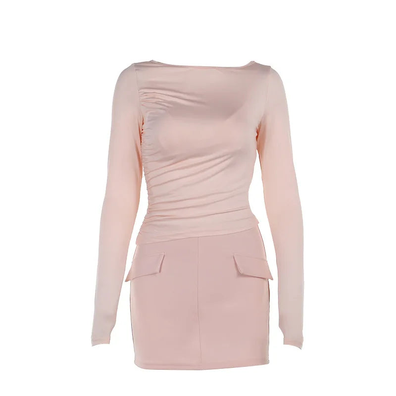Three-Piece Set: Mini Skirt, Shirt, and Fitted Corset with Pocket Detail - Pearl