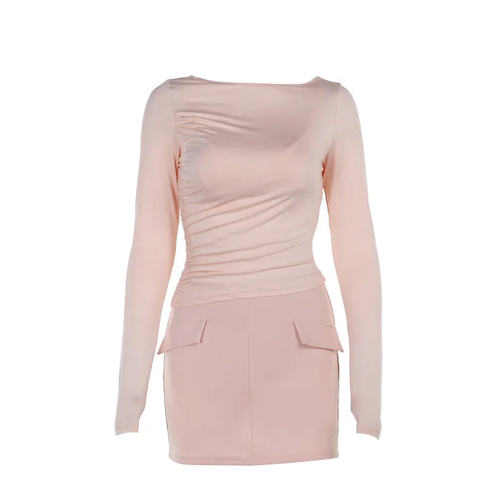 Three-Piece Set: Mini Skirt, Shirt, and Fitted Corset with Pocket Detail - Pearl