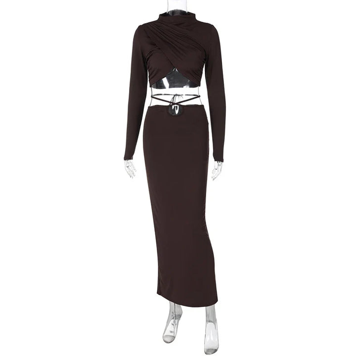 Two-piece set cross turtleneck top and maxi skirt with cross design at waist - Morena