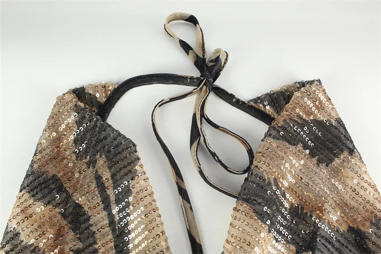Leopard Print Sequin Maxi Dress with Draped Collar and Open Back - Magnolia