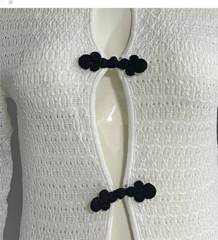 Knitted Maxi Beach Dress with Pin Decoration and Tie Detail on Open Back - Mikayla