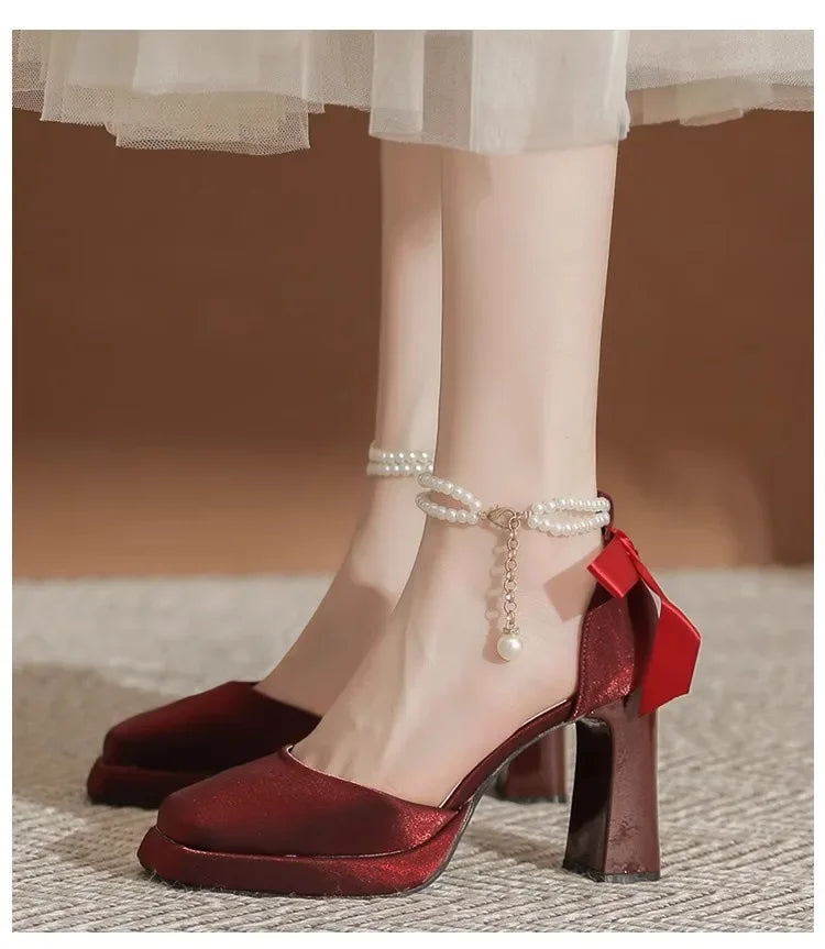 Velvet High Heels with Pearl and Bow Decoration - Vita