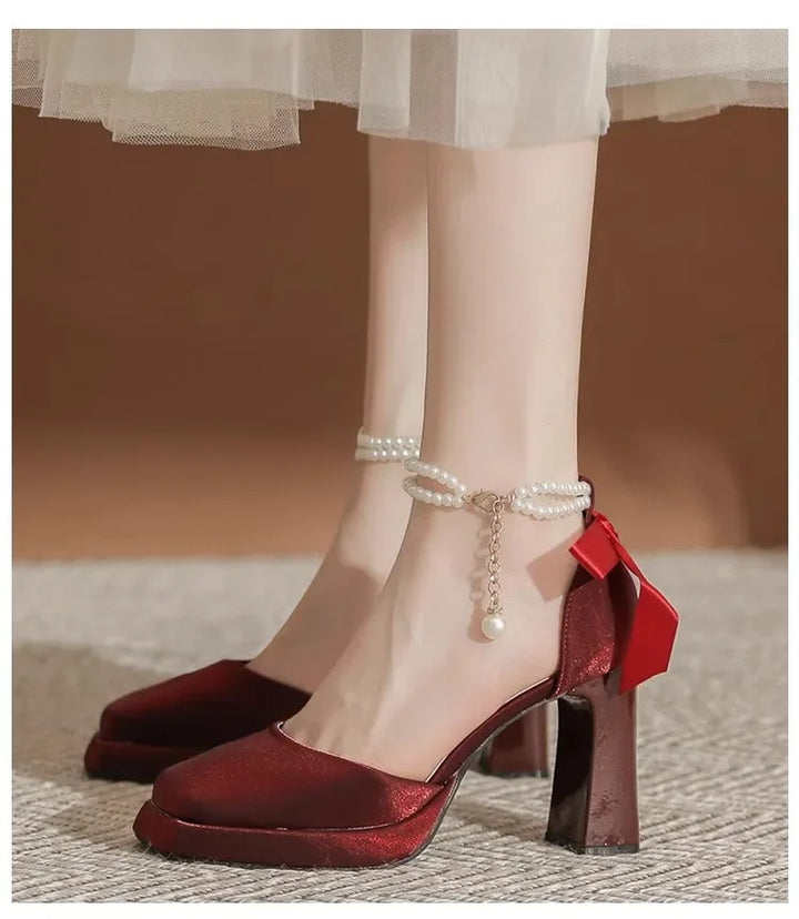 Velvet High Heels with Pearl and Bow Decoration - Vita