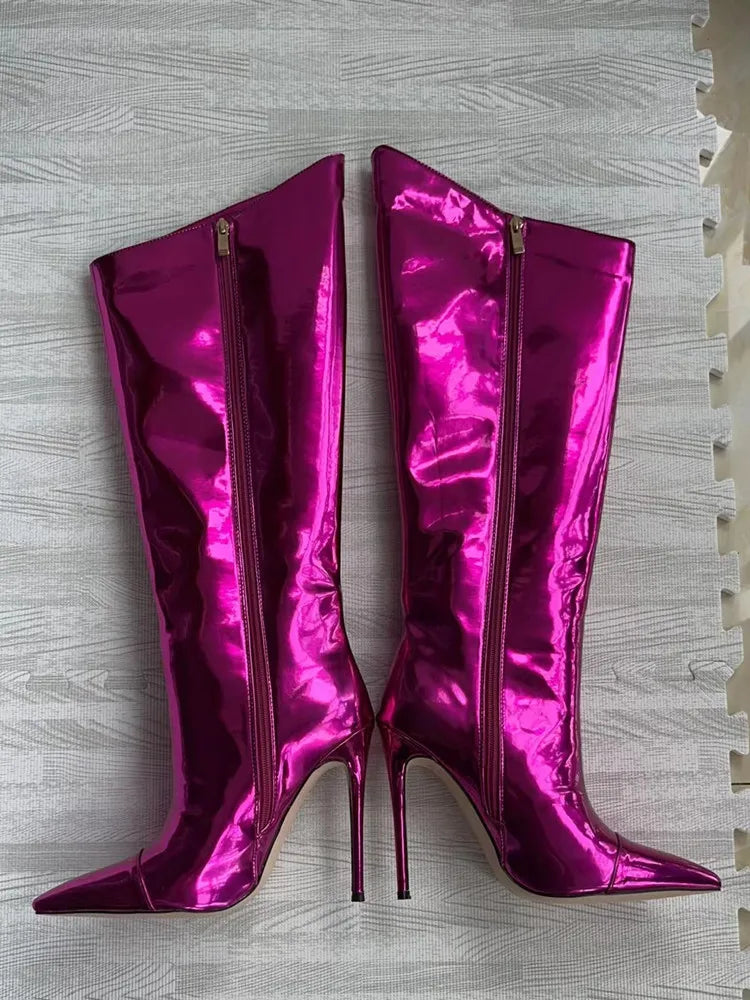 High Pointed Toe Heel Boots with Glossy Leather Design - Sloane