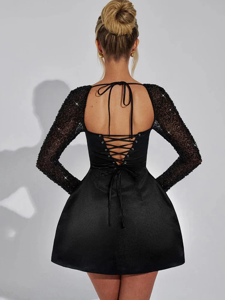 Satin Mini Dress with Mesh Sleeves and Glitter Decoration - Amara