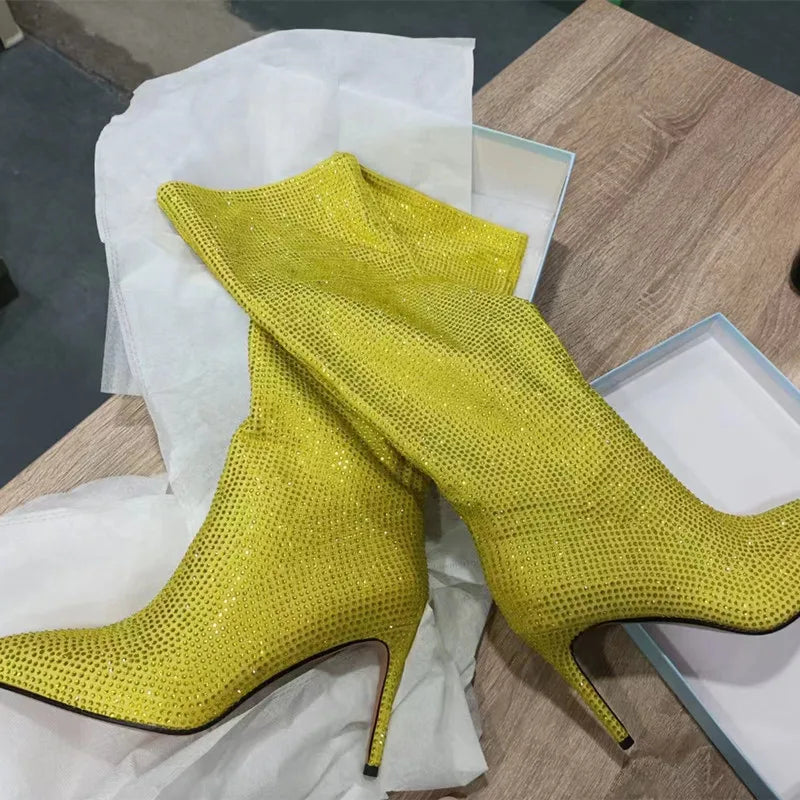 High Pointed Heel Boots with Sparkling Rhinestone Design - Josie