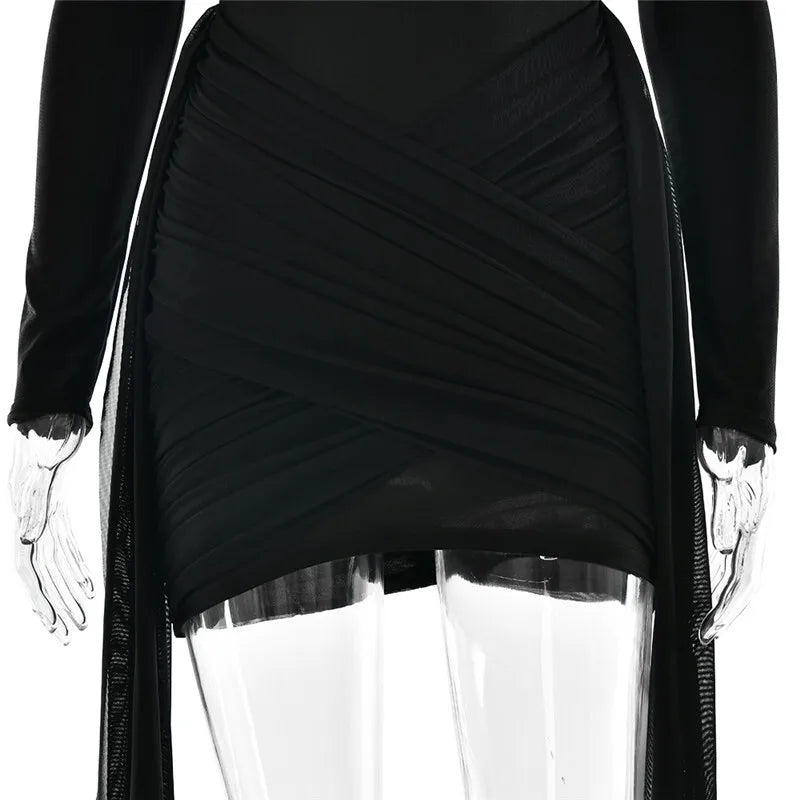 Mini turtleneck dress with chiffon ruched bottom, cross cut, and chiffon ruffle decoration - Marina