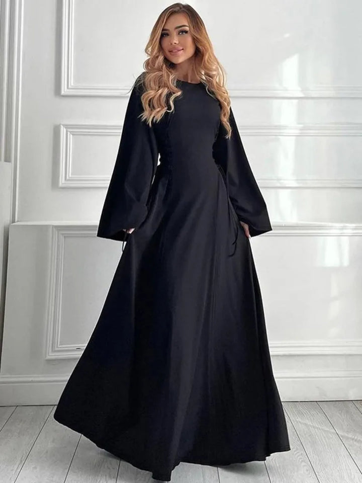 Modest knitted A-line maxi dress with waist ties - Liri