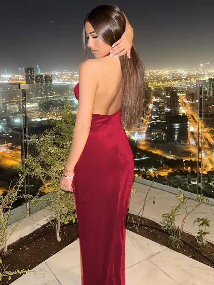 Maxi Velvet Dress with Dropped Collar and Open Back - Marla