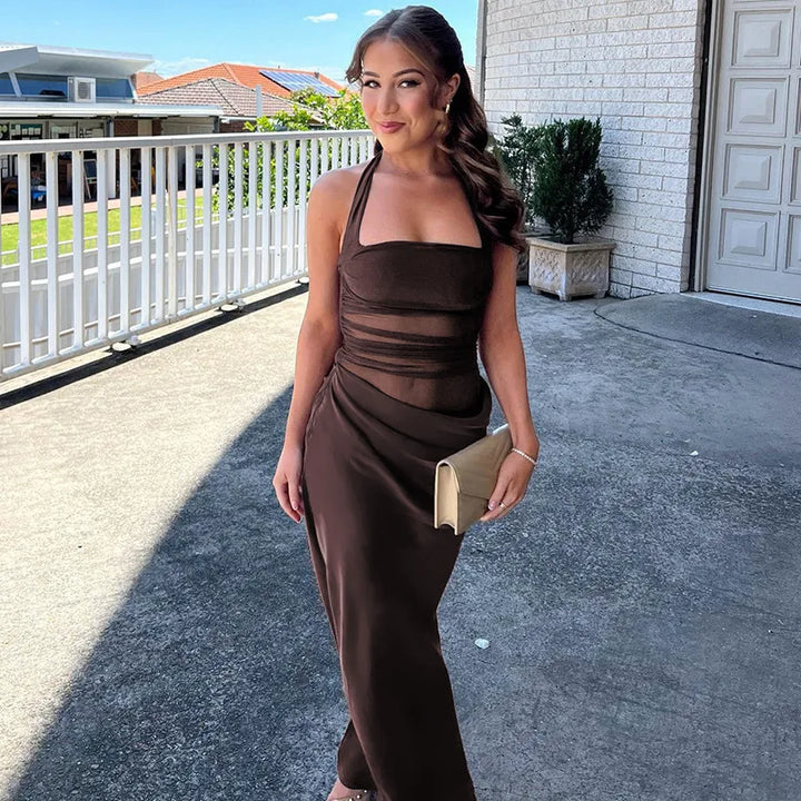 Satin Maxi Dress with Gathered Mesh Top and Open Back - Arya