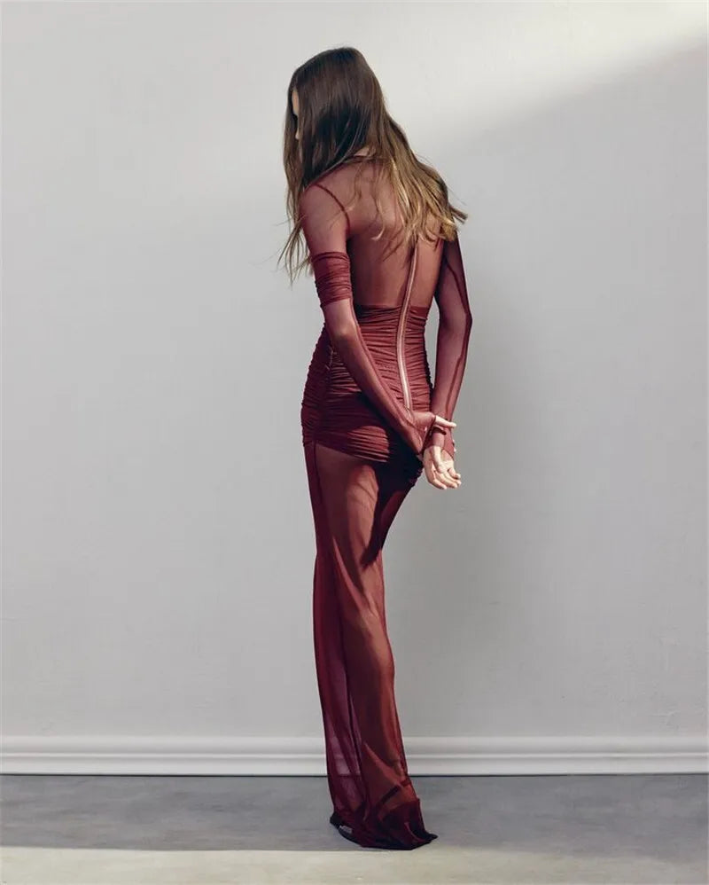 Mesh maxi dress with ruching design - Gvan