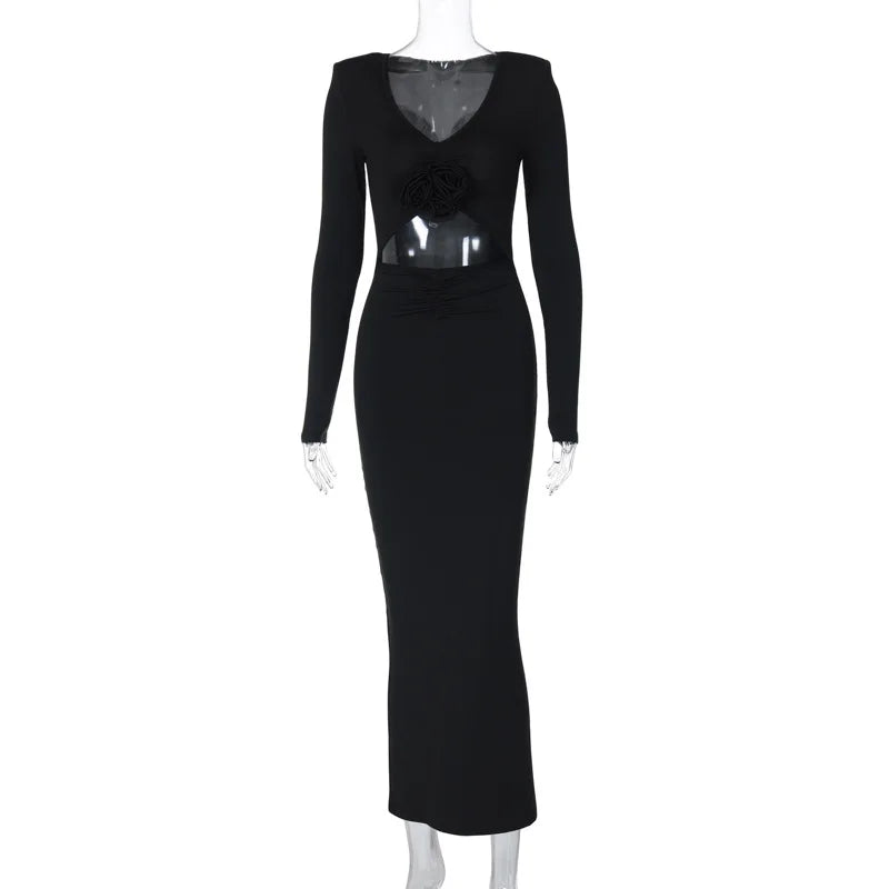 Elegant Midi Dress with Floral Detail and Slit - Chulia