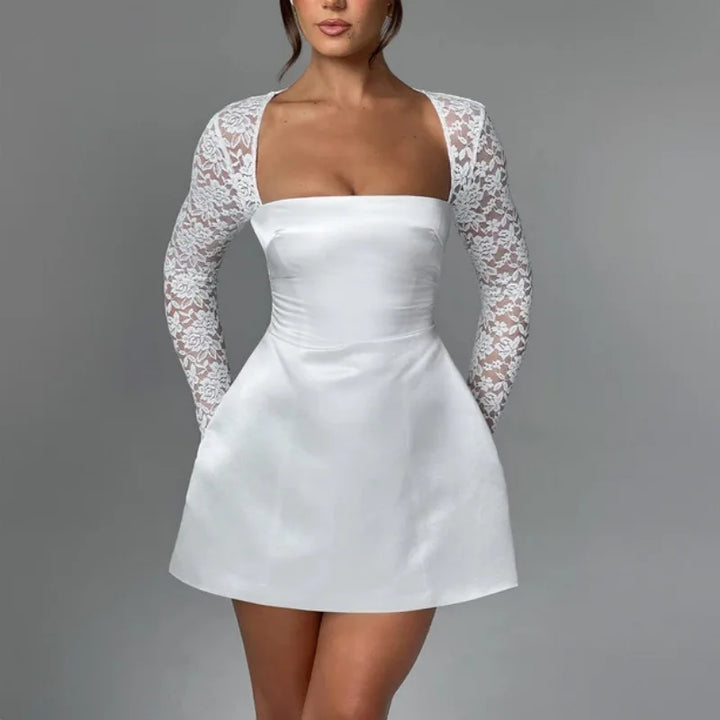 Satin Mini Dress with Lace Sleeves - Far