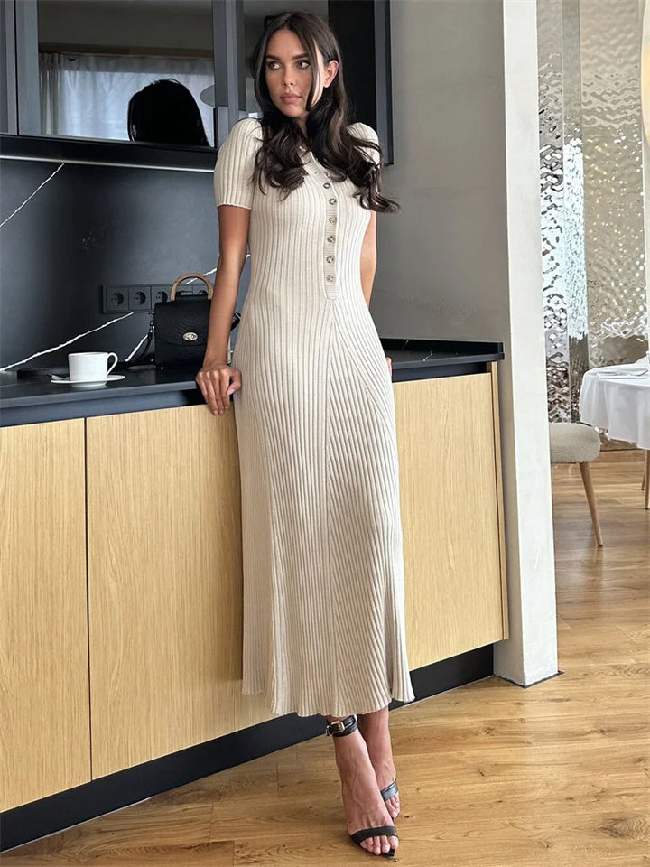 Knitted Maxi Dress with Elegant Design and Button Decoration - Ivanna