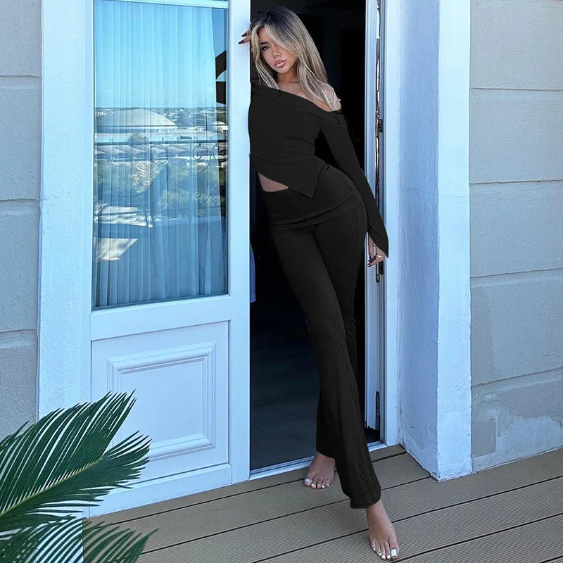 Two-piece knitted set with asymmetrical off-shoulder top and long pants - ROZIE