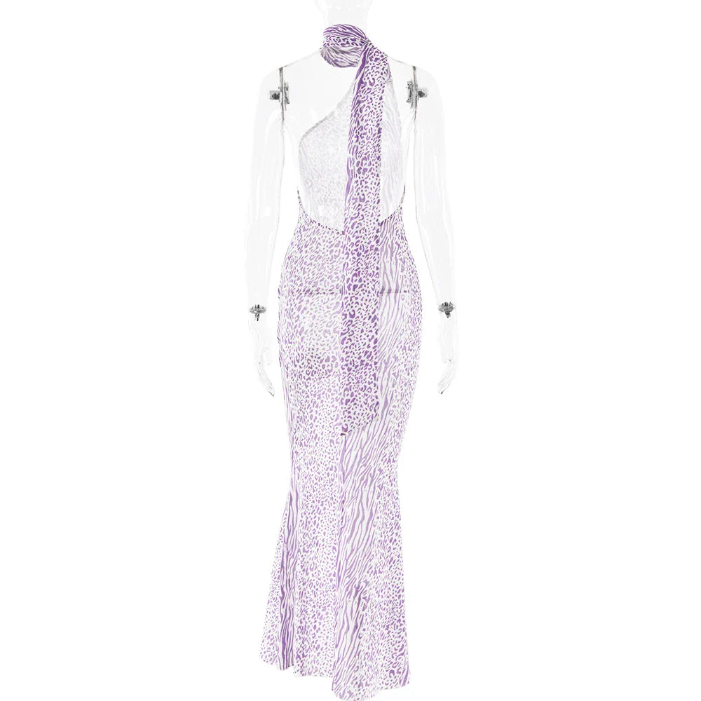 Leopard Print Mesh Maxi Dress with Open Back and Neck Tie - Jessica