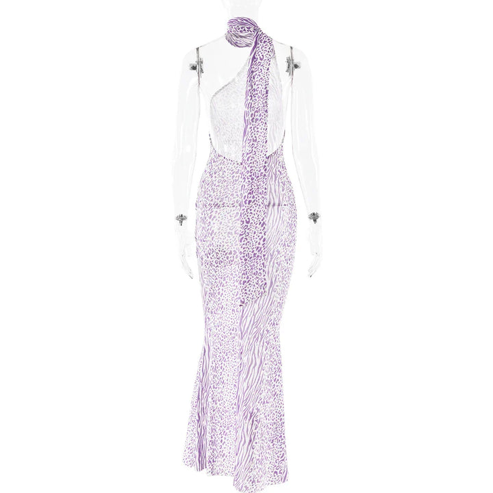 Leopard Print Mesh Maxi Dress with Open Back and Neck Tie - Jessica