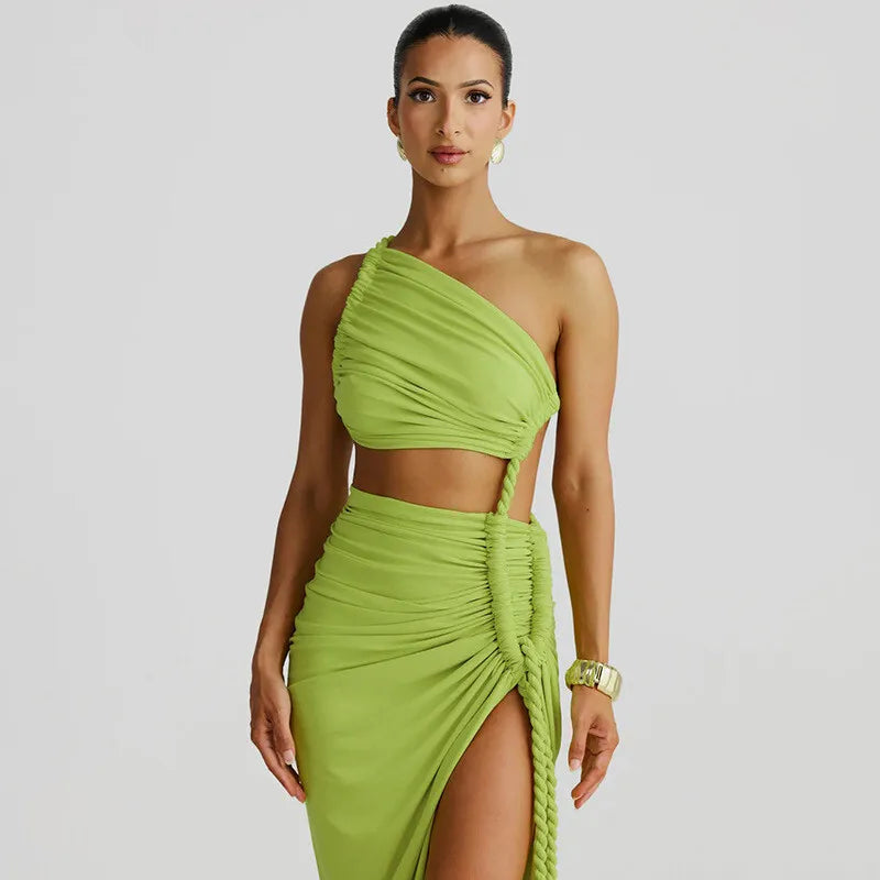Maxi One-Shoulder Dress with Cutout and Slit, Braided Detail - Panama