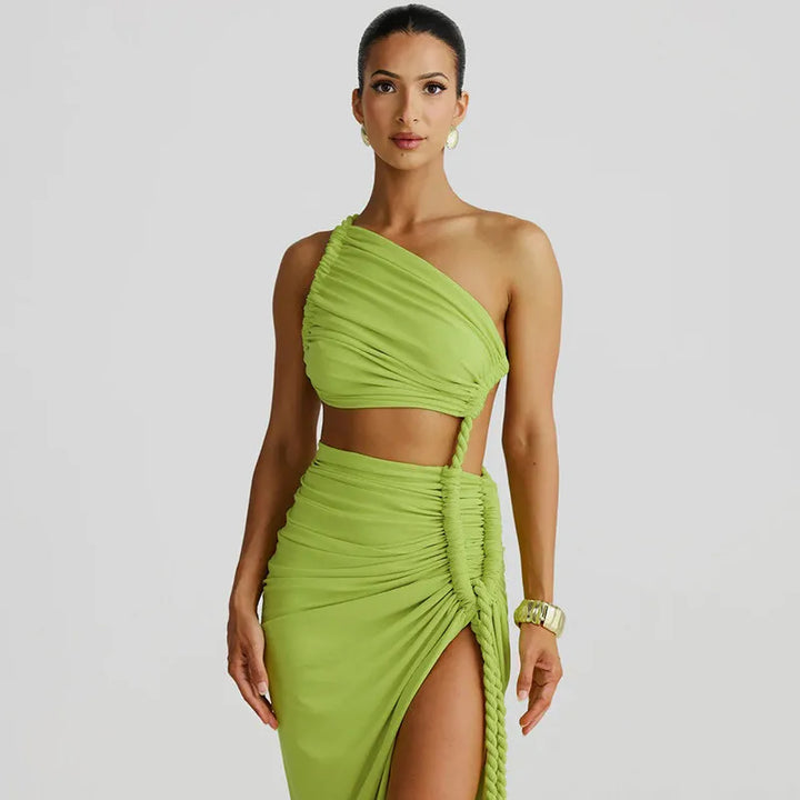 Maxi One-Shoulder Dress with Cutout and Slit, Braided Detail - Panama