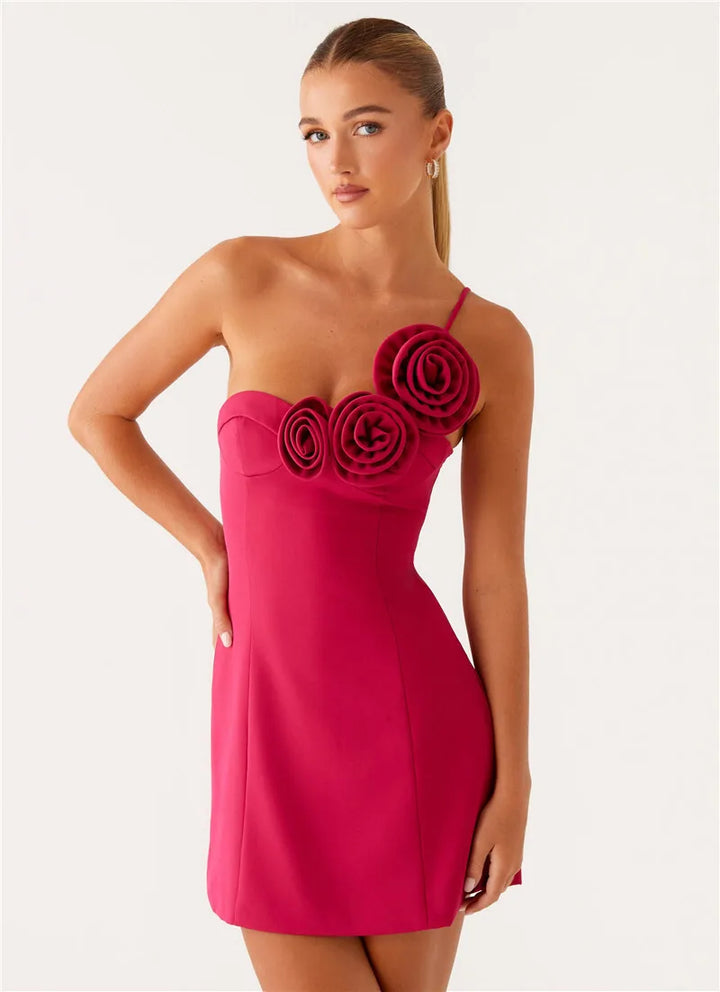Mini Dress with Floral Applique and One Shoulder Strap - Annika